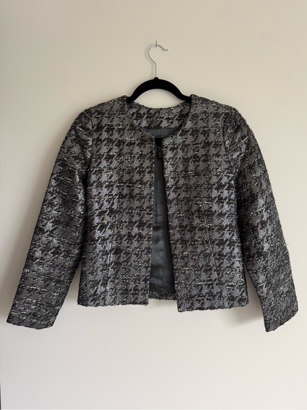 Vintage J. Crew Metallic Black and Silver Houndstooth Tailored Lady Jacket